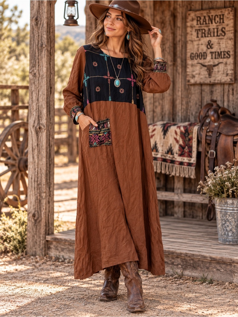 Parsley & Sage Boho Western Embroidered Brown Maxi Dress Long Sleeve